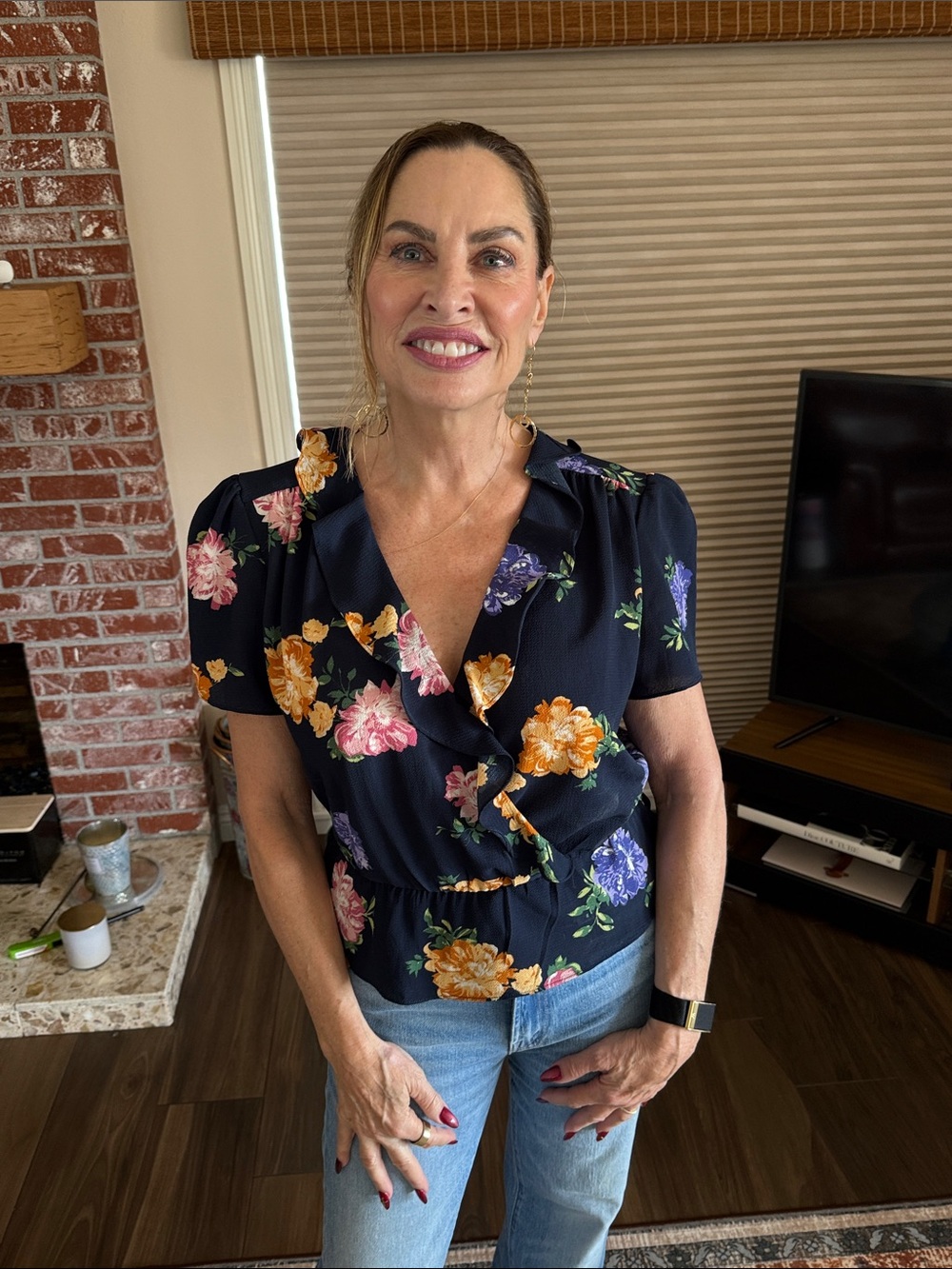 Wayf Navy Floral Ruffle Tie-Front Blouse